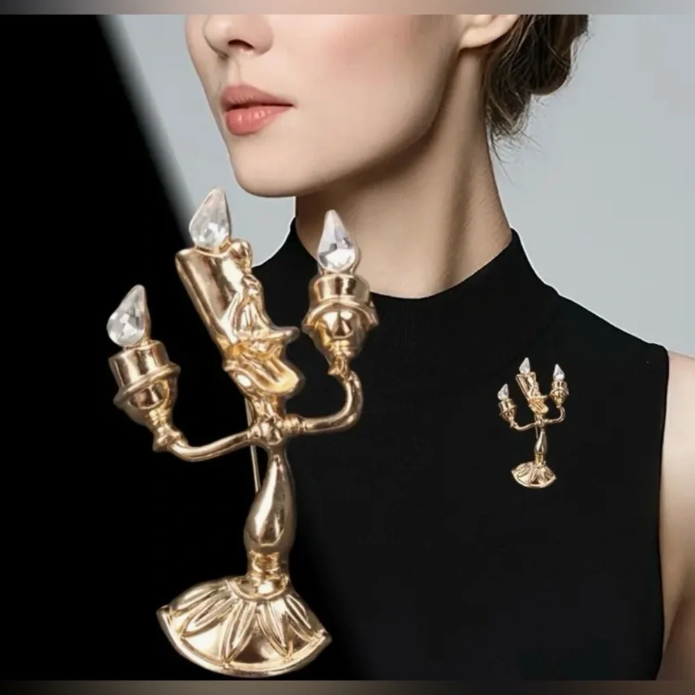 Whimsical Vintage-Style Gold-Tone & Zirconia Candlestick Brooch Pin NWOT